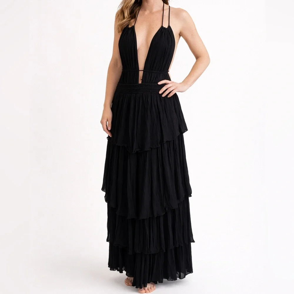 Free People Black Boho Maxi Dress Smocked Waist Short Sleeve Size S - Picture 1 of 8